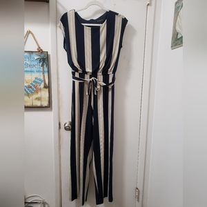 Romper size 6, navy blue with gold stripes
